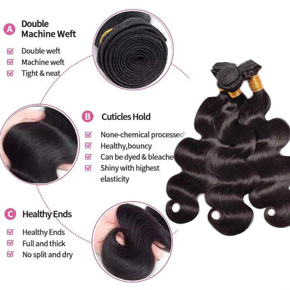 Human Hair Bundles 14 14 16 16 Inch Body Wave Bundles Human Hair 100% Unprocessed Brazilian Virgin Body Wave 3 Bundles Human Hair Extensions for Black Women Natural Black