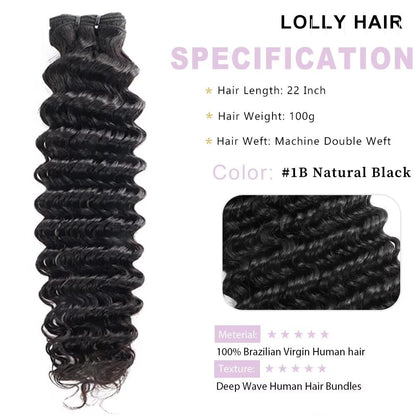 Deep Wave Bundles Human Hair 22 Inch 1 Bundle Water Wave Bundles 100% Unprocessed 10A Brazilian Virgin Human Hair Wet and Wavy Bundles Double Weft Natural Color
