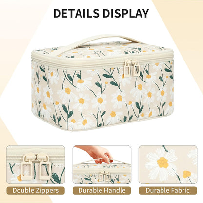 Makeup Bag,Travel Makeup Organizer Bag, Cute Cosmetic Bags for Women Girls Travel Toiletry Bag Traveling with Brush Slot and Divider-Floral