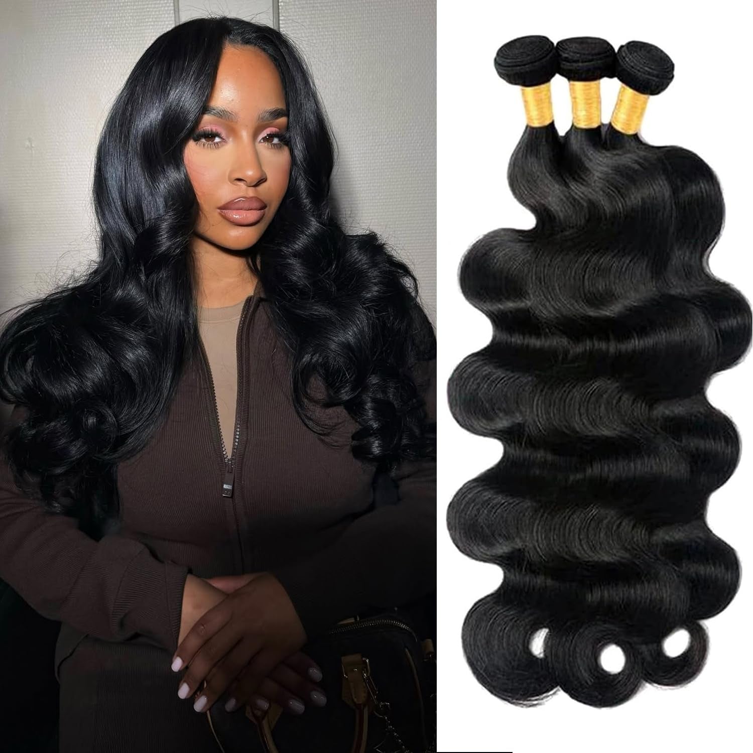 Human Hair Bundles 14 14 16 16 Inch Body Wave Bundles Human Hair 100% Unprocessed Brazilian Virgin Body Wave 3 Bundles Human Hair Extensions for Black Women Natural Black